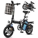 折りたたみ自転車 免許不要 14インチ サスペンション搭載 高炭素鋼フレーム ディスクブレーキ 3段アシスト 耐荷重120kg 軽量 小型 坂登25度 防水IPX6 通勤 通学 前カゴ/スマホホルダー/荷台付き ブラック