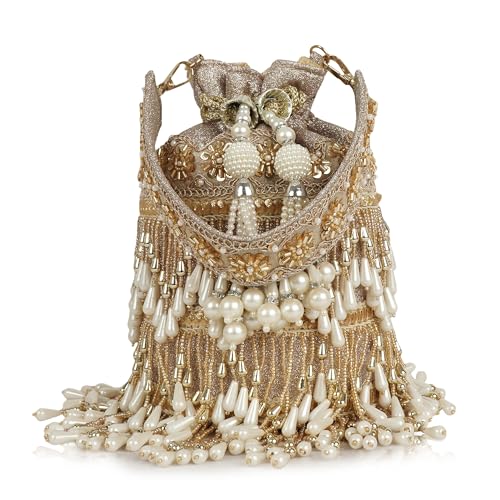 Image of Nevis Silk Fabric Designe Fringe Potli Bag with Pearl Tassels & Beaded Handle | Luxury Ethnic Drawstring Clutch for Wedding
