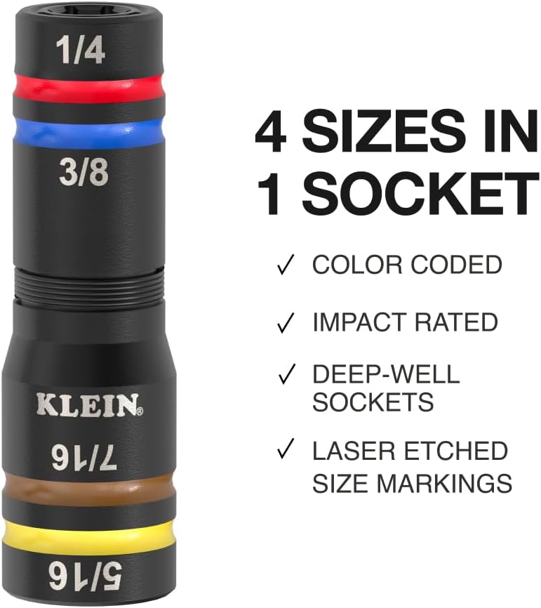 Klein Tools 653QS KNECT Quad Socket, 12 Sizes in 3 Sockets, 4-in-1 Color Coded SAE Impact Rated, Heavy-Duty, 1/4- and 3/8-Inch Drive, 3-1/2- and 6-1/2-Inch Shaft - Image 2