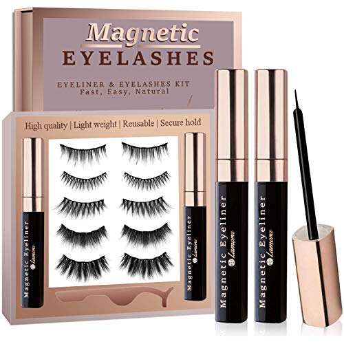 Magnetic Eyelashes with Eyeliner Kit, 5 Pairs Reusable Magnetic Lashes Set with 2 Big Tubes Magnetic Eyeliner, Free Tweezer Applicator, Mirror & Protective Gift Storage Box