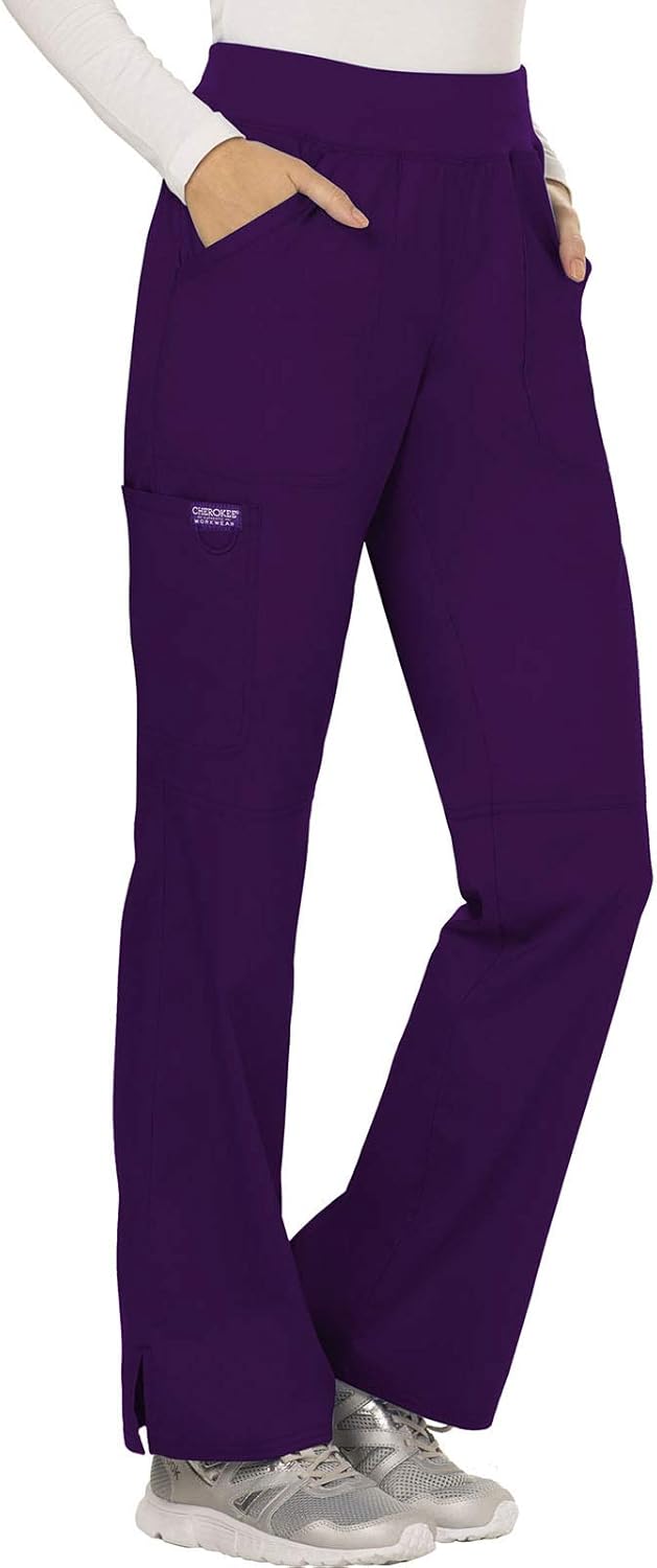 Cherokee Women Scrubs Pant Workwear Revolution Mid Rise Straight Leg Pull-On WW110 X-Large Petite Eggplant