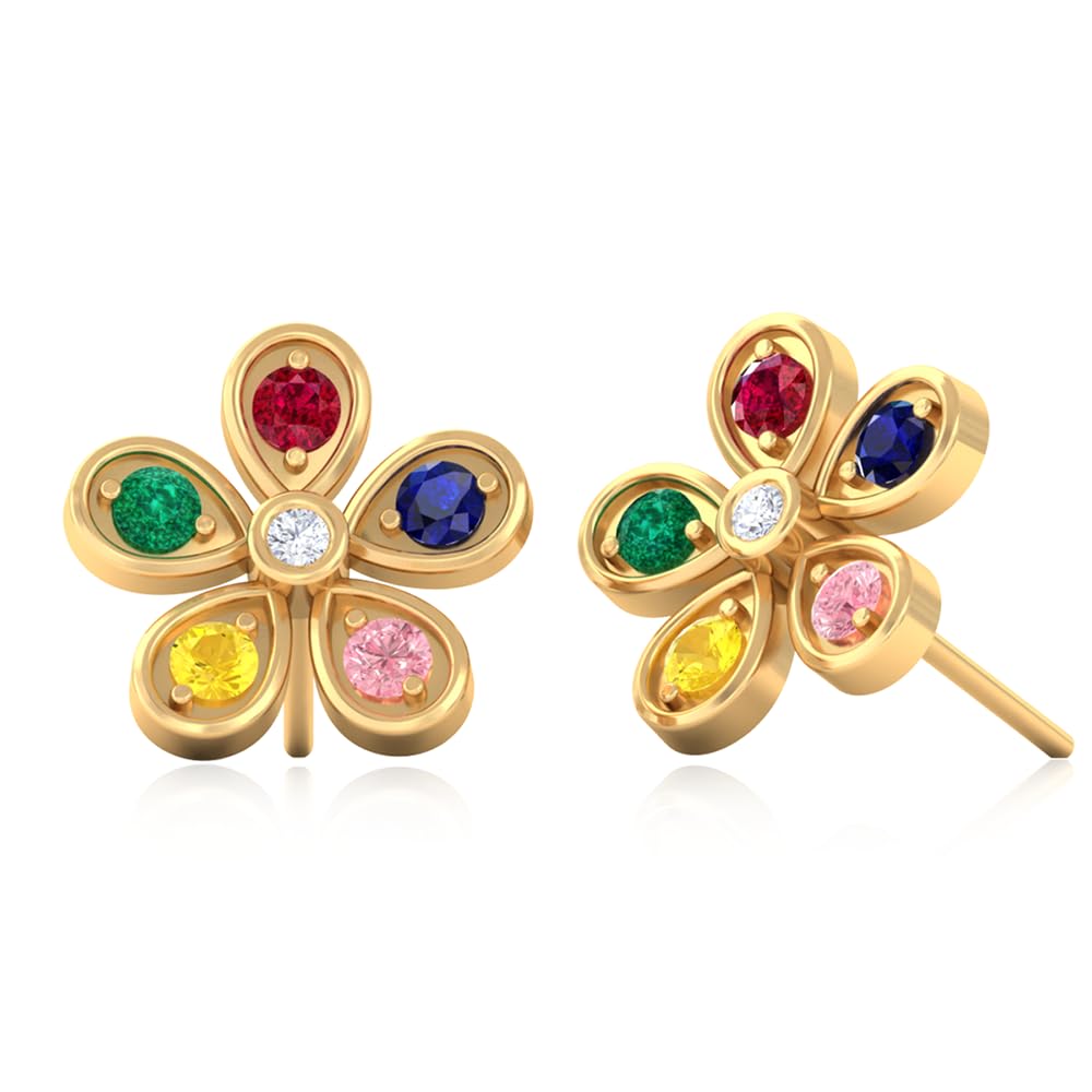 unniyarcha Gold-Plated Navratna-Style Multi-Gem Floral Stud Earrings | BIS 925 Sterling Silver | Everyday & Festive Earring Rainbow CZ Ruby Sapphire Emerald, Festive Ethnic Wearings Push Back-picture-19