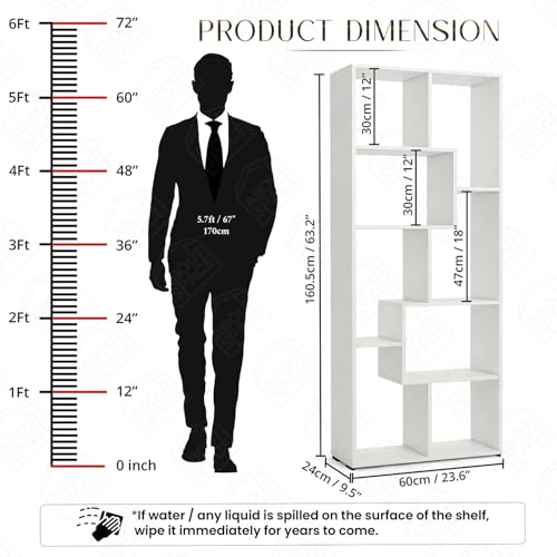 Image of ABOUT SPACE Book Shelf for Home - 8 Shelves, Modern Engineered Wood Book Rack for Study Room, Book Organizer Stand for Library, Bedroom, Living Room, Office (L 60 x B 24 x H 161cm -White)