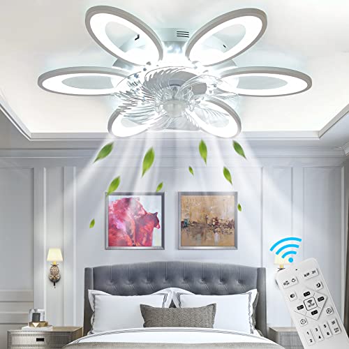 Jesskit 24.5 INCH Ceiling Fans with Lights and Remote, Modern Indoor Flush Mount Ceiling Fan, Fandelier Ceiling Fans Fixture with 3 Color and 6 Speeds for Living Room Bedroom Dining Room