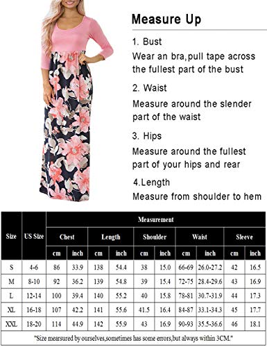 DUNEA Women's Maxi Dress Floral Printed Autumn 3/4 Sleeve Casual Tunic Long Maxi Dress Pink,XL