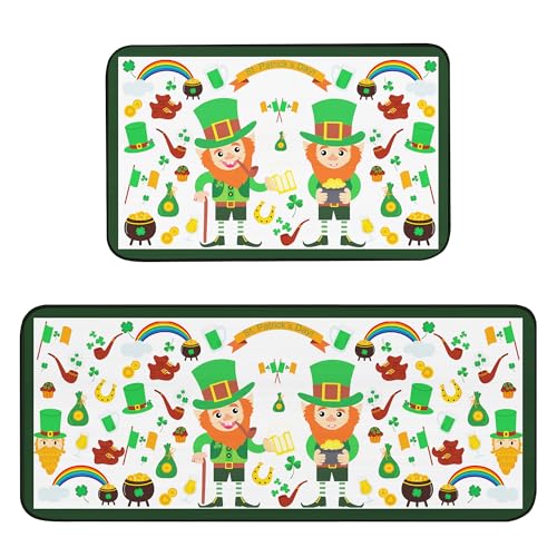2 PCS St Patricks Day Kitchen Rugs Set Shamrock Clover