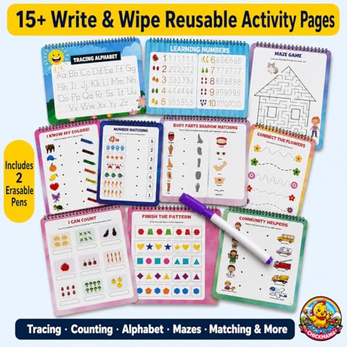 Image of CHICKMAMA Busy Binder Book for Toddlers 1-5 Years | 9 Velcro Activity Boards + 15 Write & Wipe Reusable Pages | 50+ Velcro Pieces | 2 Erasable Pens | Montessori Quiet Book | Educational Activity Toy