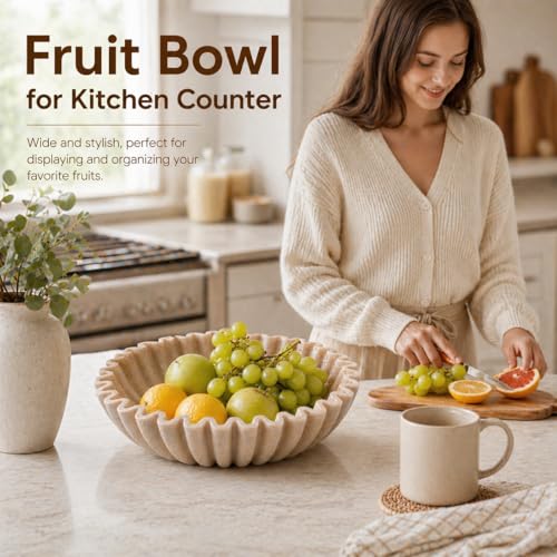 YMXYJM Large Decorative Bowl, Modern Handicraft Bowls for Home Decor, Fruit Bowl for Kitchen Counter, Ruffle Decor, Stylish Key Bowl for Entry Table, Artificial Stone Beige - Image 4