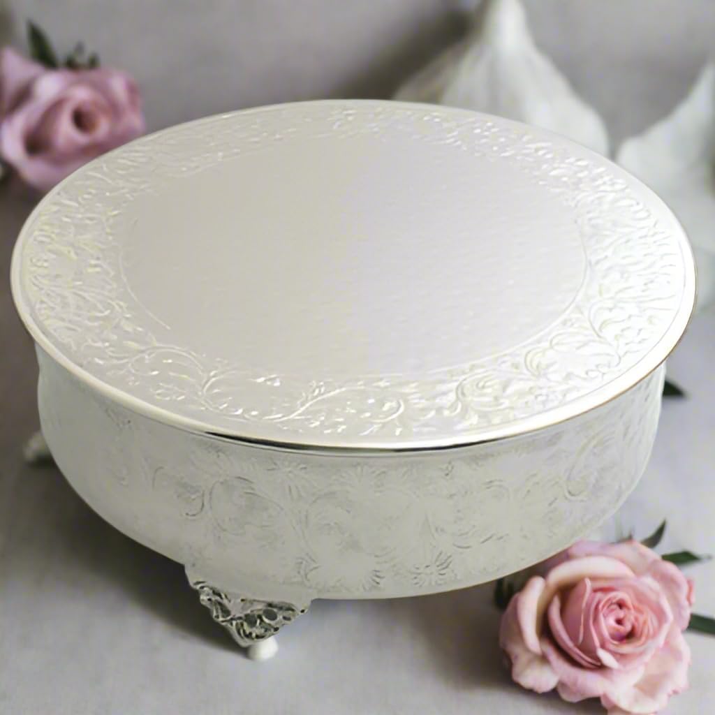 Silver 22" Wedding Cake Plateau. Embossed Luxurious Floral Design Tray. Metal Cake Stand Riser. Wedding Birthday Party Dessert Cake. Pedestal Display Catering Buffet Plate