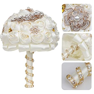WIFELAI-A Handgefertigte Strass-Brosche für Hochzeitsblumen, Brautsträuße, Kristall, Brautstrauß, weiße elfenbeinfarbene Satin-Rosen mit Diamant-Perlenband – Bild 6