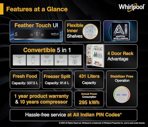 Image of Whirlpool 431 L 2 Star IntelliFresh Convertible Inverter Frost Free Double Door Refrigerator (IF INV CNV 480 ALPHA STEEL-Z, 2S)