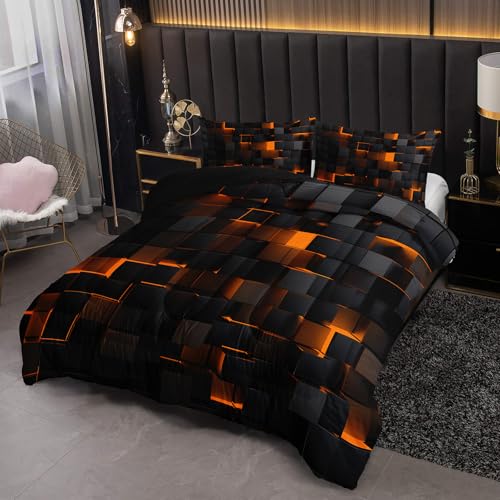 Image of Nttopship Neon Yellow Black Comforter Set King Geometric Kids Bedding Set,3 PCS Geometry Honeycomb Bed Set Modern Quilt Set 1 Comforter 2 Pillow Cases Cool Room Decor All Season B-Side Black