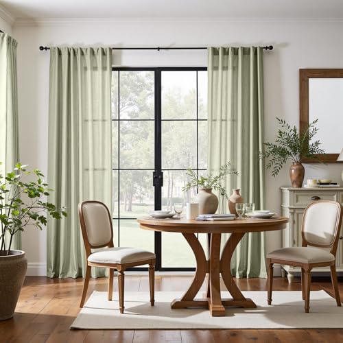 Image of jinchan Linen Curtains Light Filtering Back Tab 50x84 Inch 2 Panels Green
