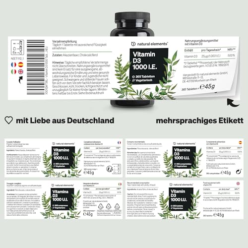 natural elements Vitamin D3 1000 I.E. – 365 Tabletten im Jahresvorrat – Vitamin D für Knochen und Immunsystem – hochdosiert, ohne unnötige Zusätze – in Deutschland produziert & laborgeprüft 6
