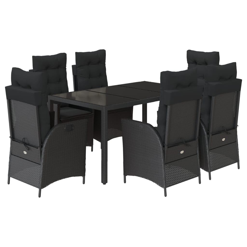 7-częściowy zestaw mebli ogrodowych z czarnego polirattanu, regulowany fotel relaksacyjny z poduszkami, stół ogrodowy ze szkła hartowanego 150 x 90 cm, odporny na promieniowanie UV, zestaw