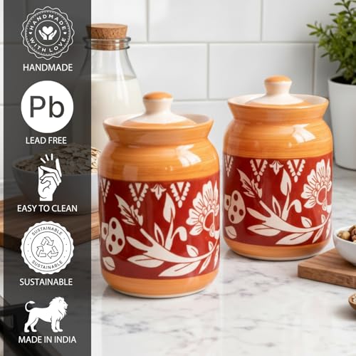 Image of Orange Mushroom Ceramic Handglazed Pickle Jars Set of 2-1000 ML Each | 1 kg Achaar Martban Barni Jar with Lid | Ceramic Storage Jar Container Pickle, Chatney
