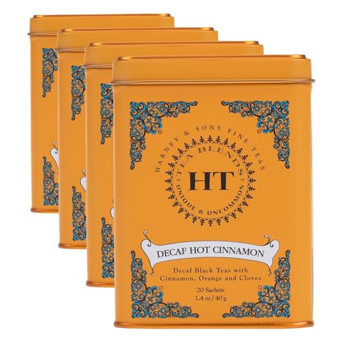 Image of Harney and Sons Decaf Hot Cinnamon, Decaf Flavored Black 20 Sachets per Tin 1.4oz (Pack of 4)