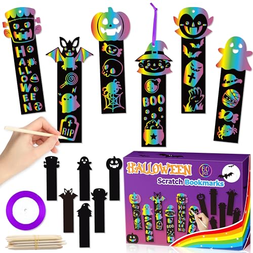BeYumi 60Pcs Halloween Scratch Bookmarks Gift Set for Kids DIY