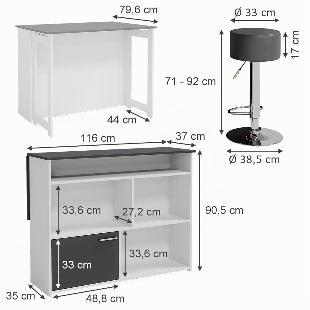 Vicco Set de Mesa de Bar Dominic, Antracita/Blanco, 116 x 37 cm con 2 taburetes de Bar, Tablero de Mesa abatible para Uso Flexible en Espacios pequeños