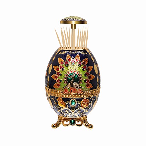 LAUYOO Portable Retractable Toothpick Holder with Bottle Opener Automatic Retro Pop Up Toothpick Dispenser Toothpicks Case Storage Organizer Container Decoration for Kitchen (Peacock-Navy Blue)