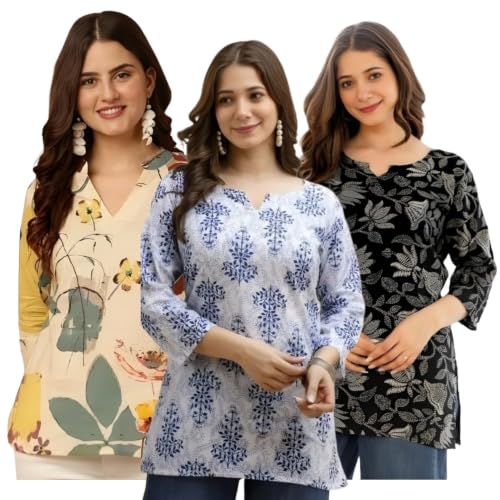Image of Women's Printed Short Kurti Tops Rayon Cotton Blend Tunic Combo