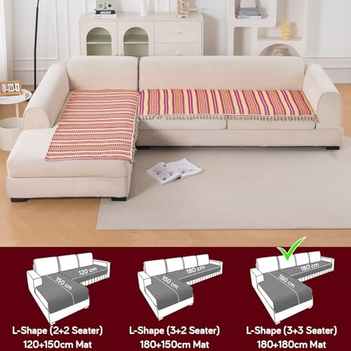 Image of HOKIPO 'Artisan Boho Series' L Shape (3+3 Seater) Seat Mat for Sofa | Thick 450 GSM Cotton Acrylic Jacquard Fabric Cover with Tassel, Ruby Red (IN-904-A6*2)