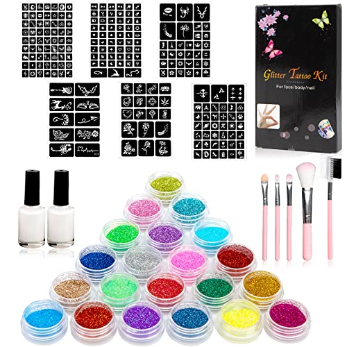 Koogel Kit de Tatouage Pailleté pour Enfants, 24 Couleurs, Kit de Tatouage Temporaire Pailleté, Maquillage du Corps Pailleté avec 160 Pochoirs, 2 Colles pour le Corps, 5 Pinceaux pour Enfants