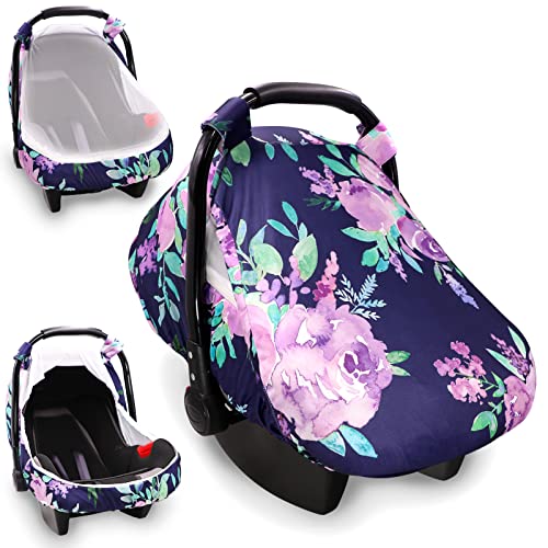 Image of Baby Car Seat Cover, Purple Flower, Infant Carseat Canopy Girls, Summer Cozy Net Cover, Breathable Comfortable, Watercolor Floral