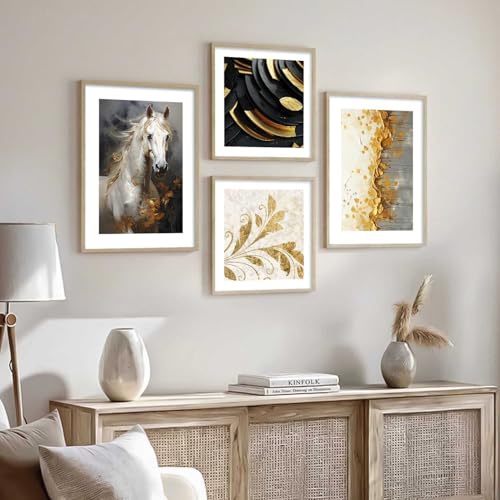 Image of kotart Premium Paintings with Frame for Home Decoration - Modern Art Golden Horse Painting for Living Room Bedroom Office Wall Decoration - Pack of 4 (Art 5, Small (10x13 or 10x10 inch))