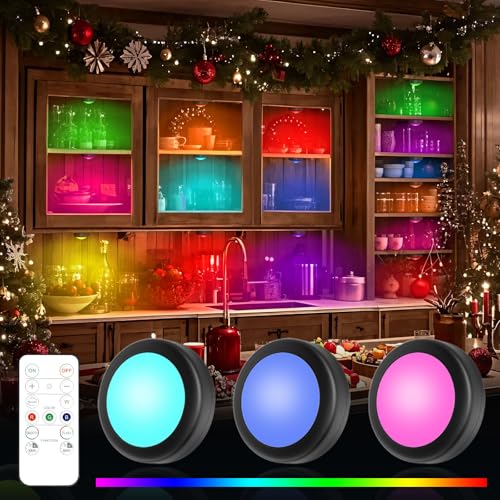 Yiliaw 3er-Pack LED Puck-Lichter mit Fernbedienung,16 Farbwechsel Unterbauleuchten,Batteriebetriebene Nachtlichter mit Dimmer & Timer für Schrank,Schlafzimmer und Küche,Schwarz