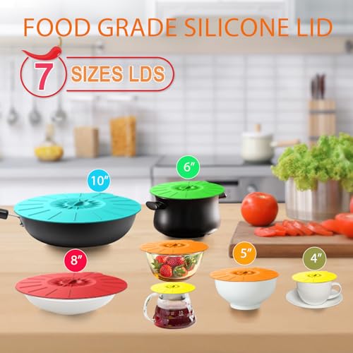 image for Daxiongmao 7 Pack Silicone Lids, Microwave Splatter Cover, 5 Sizes Reu