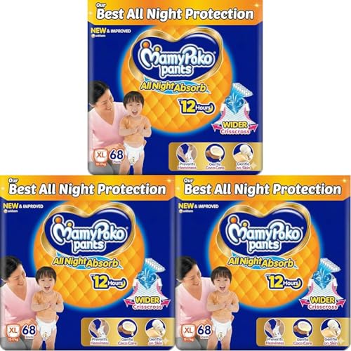Image of Mamypoko pants All night absorb| Pant Style Baby Diapers X- Large Size(XL), 68 Count, Ideal for 12-17Kgs|1 Diaper: Upto All night Absorption|Wider Crisscross Sheet|Gentle Coco Care| 12hr Leakage Protection| Prevents Heaviness (Pack of 6)