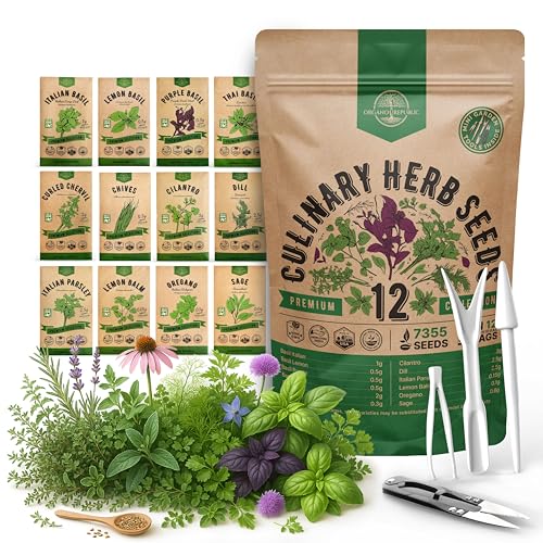 Organo Republic 12 Culinary Herbs Seeds Variety Pack - 7,355+ Heirloom, Non-GMO, Herbs Seeds for Outdoor and Indoor Home Gardening, Including Basil, Cilantro, Chives, Dill, Parsley, Sage
