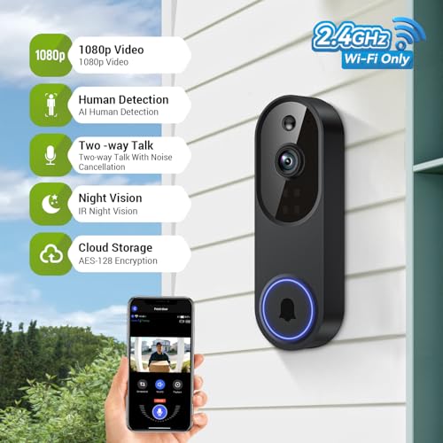 1080P Wireless Video Doorbell Camera, Outdoor Surveillance Cameras, FHD Live View, Cloud Storage, AI Human Detection, In - Additional View