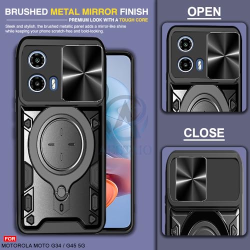 Image of AESTMO Armor Motorola Moto G34 / G45 5G Bumper Back Case Cover | Ring Holder & CD Pattern Sliding Camera Shutter Cover | Back Case Cover for Motorola Moto G34 / G45 5G (Black)