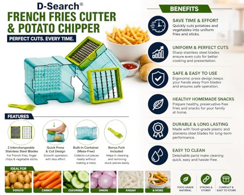 Image of D-Search Manual Potato Chipper & Vegetable Cutter with 2 Stainless Steel Blades, French Fries Maker, Finger Chips Cutter for Potato, Carrot, Cucumber & Vegetable Cutting Tool