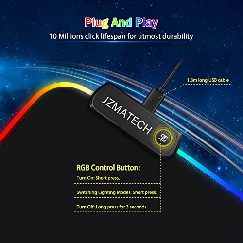 JZMATECH RGB Gaming Mauspad 800x300mm, XL Mousepad mit 14 Beleuchtungs Modi und 7 LED Farben, Großes Erweitertes Leuchtendes Anti Rutsch für Computer PC Gamer