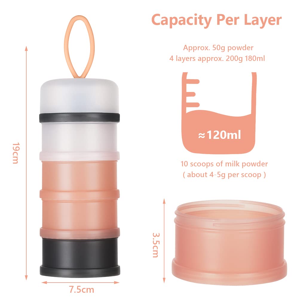 Vicloon Dosatore per Latte in Polvere, Dispenser di Latte in Polvere con 4 Scomparti, Impilabile Contenitore Spuntino e Dosalatte in in Polvere per Viaggio, Cereali, Frutta (Grigio, Rosa)