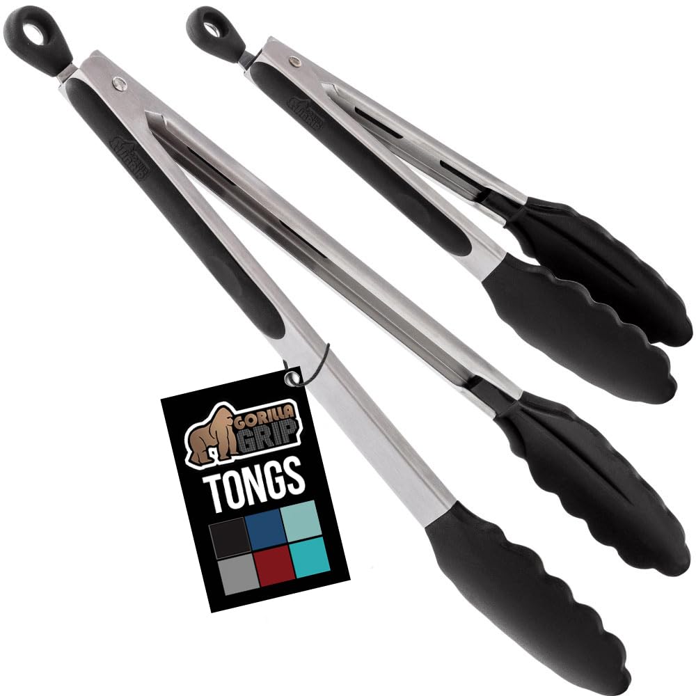 Stainless Steel Heat Resistant Kitchen Tongs for Cooking, 9 + 12 Inch, Set of 2 BBQ Tong, Non Scratch Silicone Tip for Pan, Strong Grip, Grab Food, Toss Salad, Air Fryer, Pull Lock, Black