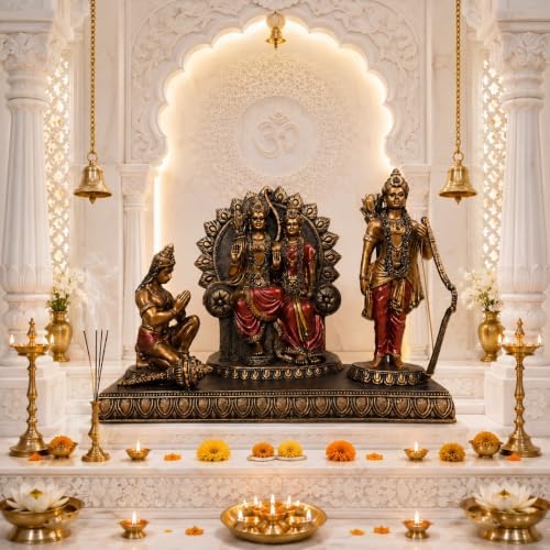 Image of ARMONIA Ram Darbar Idol with Lord Ram, Sita, Laxman & Hanuman Murti | Antique Finish Polystone, Living Room & Office | God Idol Gift for Wedding & Housewarming | 9*12 Inch | Includes Microfiber Cloth