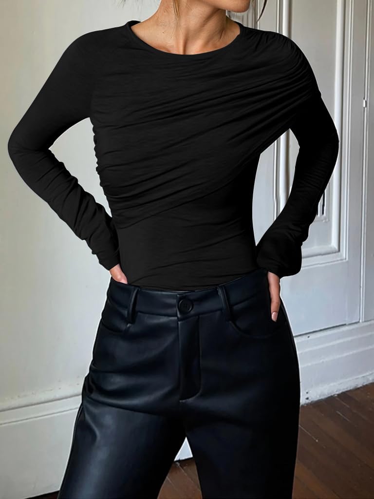 Cicy Bell Womens Long Sleeve Pleated Tops Fall Crew Neck Fitted Shirts Y2k Going Out Casual Ruched Blouse - Image 4