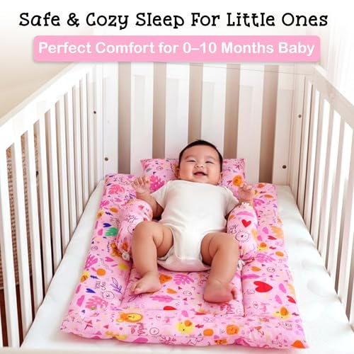 Image of GLUN 4 Piece Newborn Baby Cotton Bedding Set, Pink Colour for Girl (1 Bed, 2 Round Pillow, 1 Head Shaping Pillow), High Quality Fibre Cotton, Maternity, Newborn Essentials Accessories