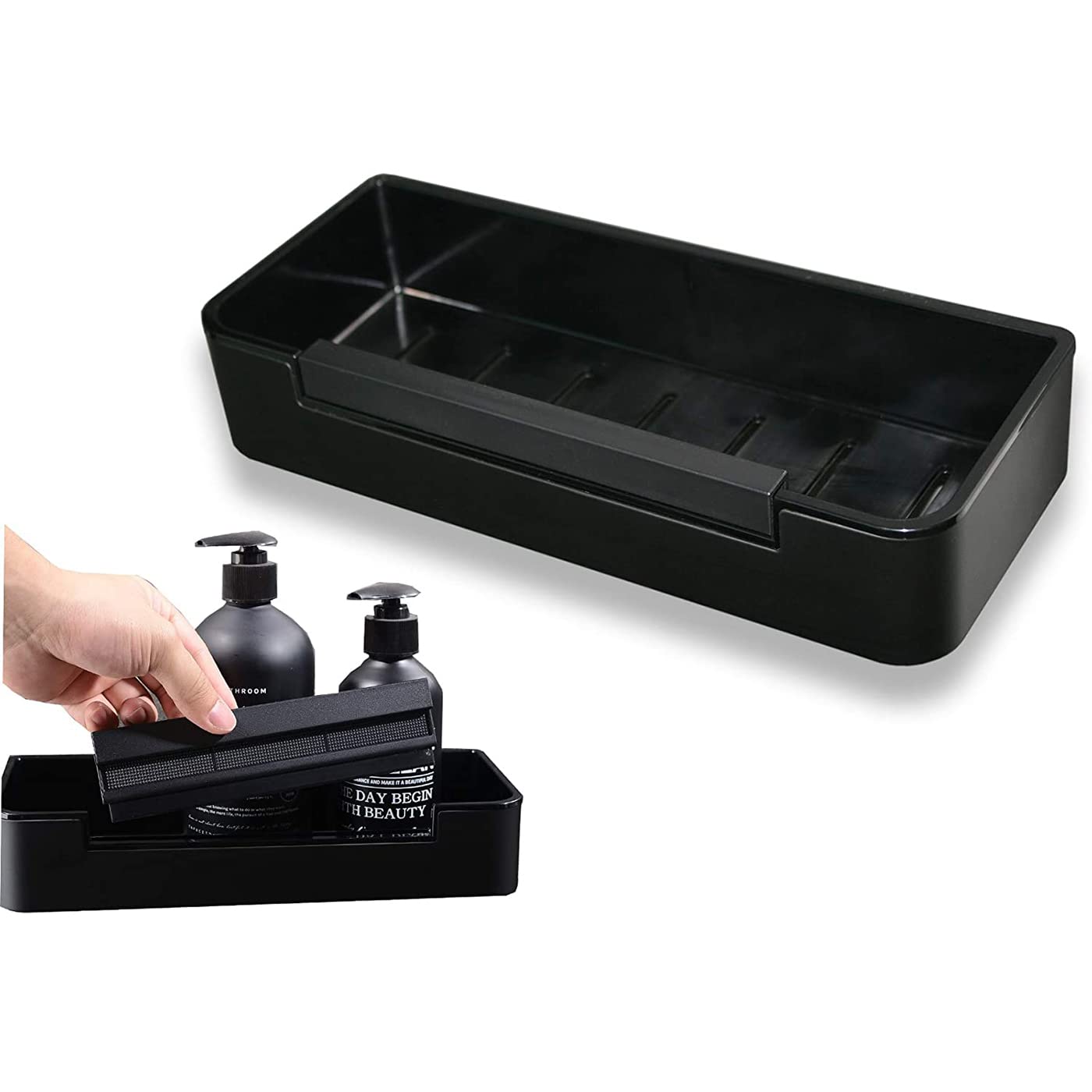 Bernstein Duschkorb DK619 aus Edelstahl in Schwarz matt mit Duschabzieher selbstklebend oder verschraubbar rechteckige Duschablage 29 cm ohne Bohren