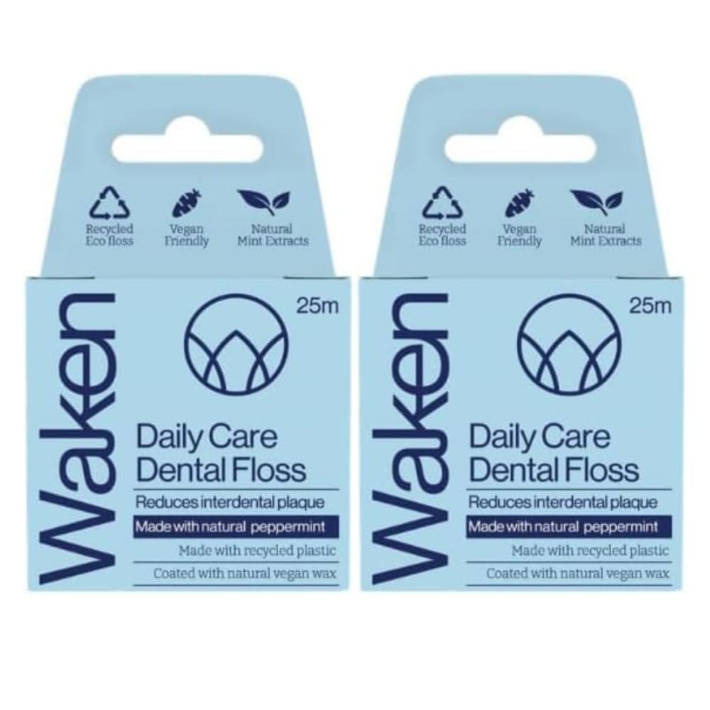 25m peppermint dental floss, 100% natural flavor, reduces plaque and gum disease, clinically tested, vegan floss, eco-friendly, sustainable packaging, 100% recyclable, white. (Pack of 2)