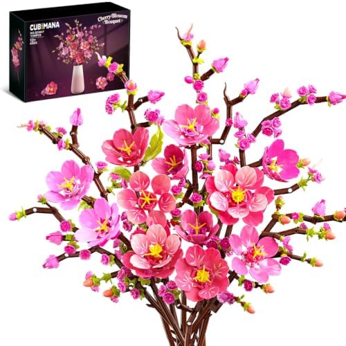 CUBIMANA Blumenstrauß Kirschblüte Bauset mit LED-Licht für Erwachsene | 10 rosa Blumen Botanische Baustein-Kollektion, Kirschpflanzen Wohndekoration 1108Teile, Geburtstagsgeschenk