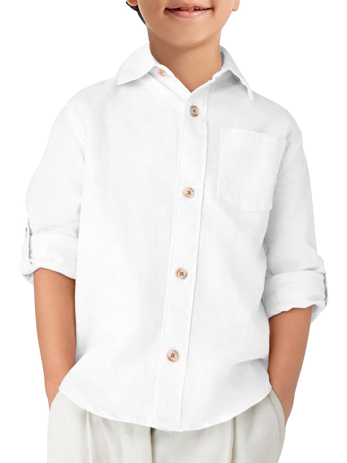 Haloumoning Camicia per bambini in lino con bottoni, a maniche lunghe, con tasca sul petto, 5-14 anni
