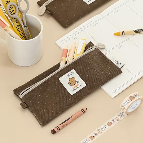 Image of Monolike Happy and Lucky Candy Dot pen case, Brown - Slim Corduroy Style Cotton Pen Pouch, Cute Aesthetic Pastel Stationery Organizer for Office