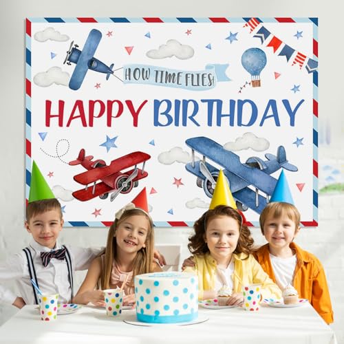 Fondo cumpleaños avión rojo y azul 7x5 pies miniatura 3