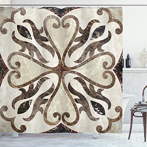 Ambesonne Abstract Shower Curtain, Nostalgic Floor Motif with Swirled Floral Heart Shaped Artwork Print, Cloth Fabric Bathroom Decor Set with Hooks, 70  Long, Beige Brown
