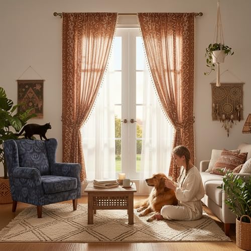 Image of Burnt Orange Curtains 96 Inch 2 Panels, Vintage Bohemian Pattern Floral Drapes Ceiling to Floor Length Hippie Window Panel Autumn Curtains for Living Room